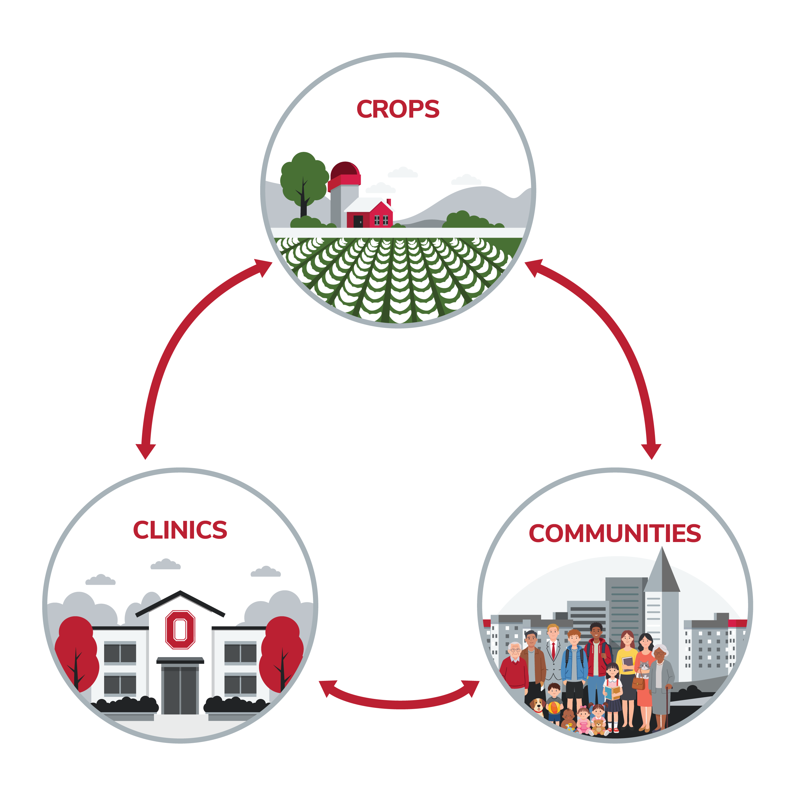 crops in a field, Ohio State clinic and people in from of a building