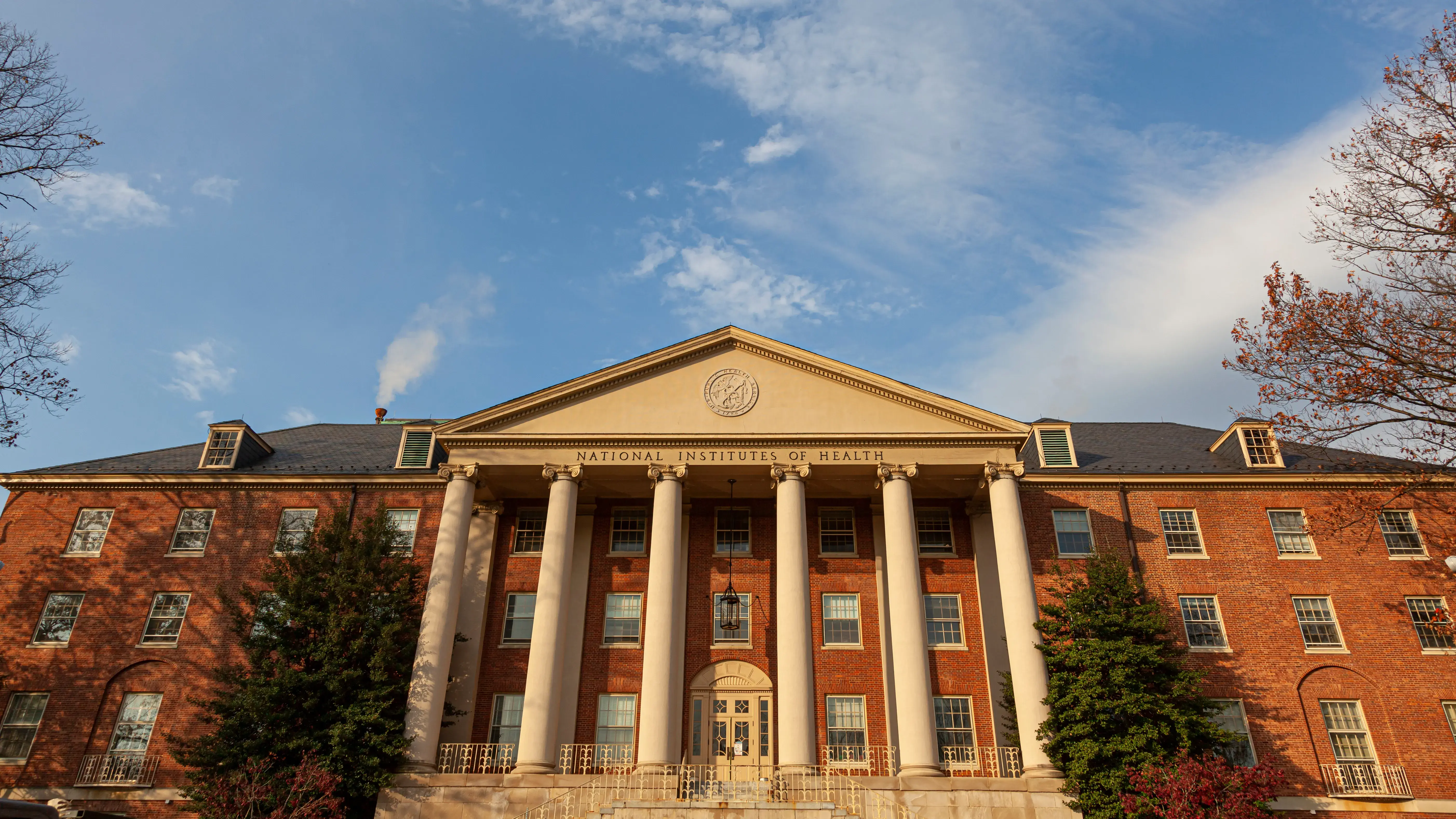 Picture of the exterior of the main historic building of National Institutes of Health (NIH) inside Bethesda campus.