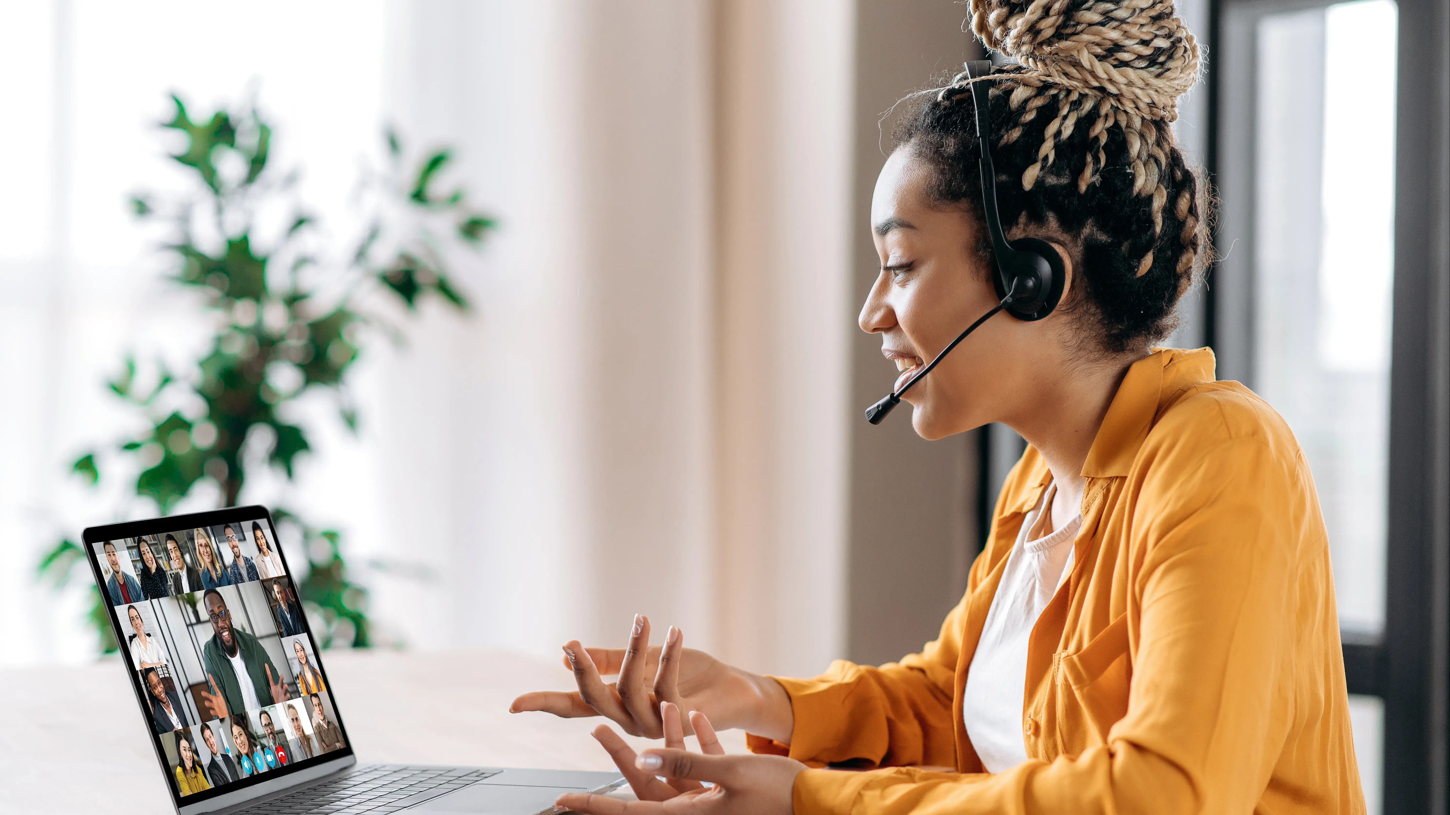 Person attending a virtual meeting and talking