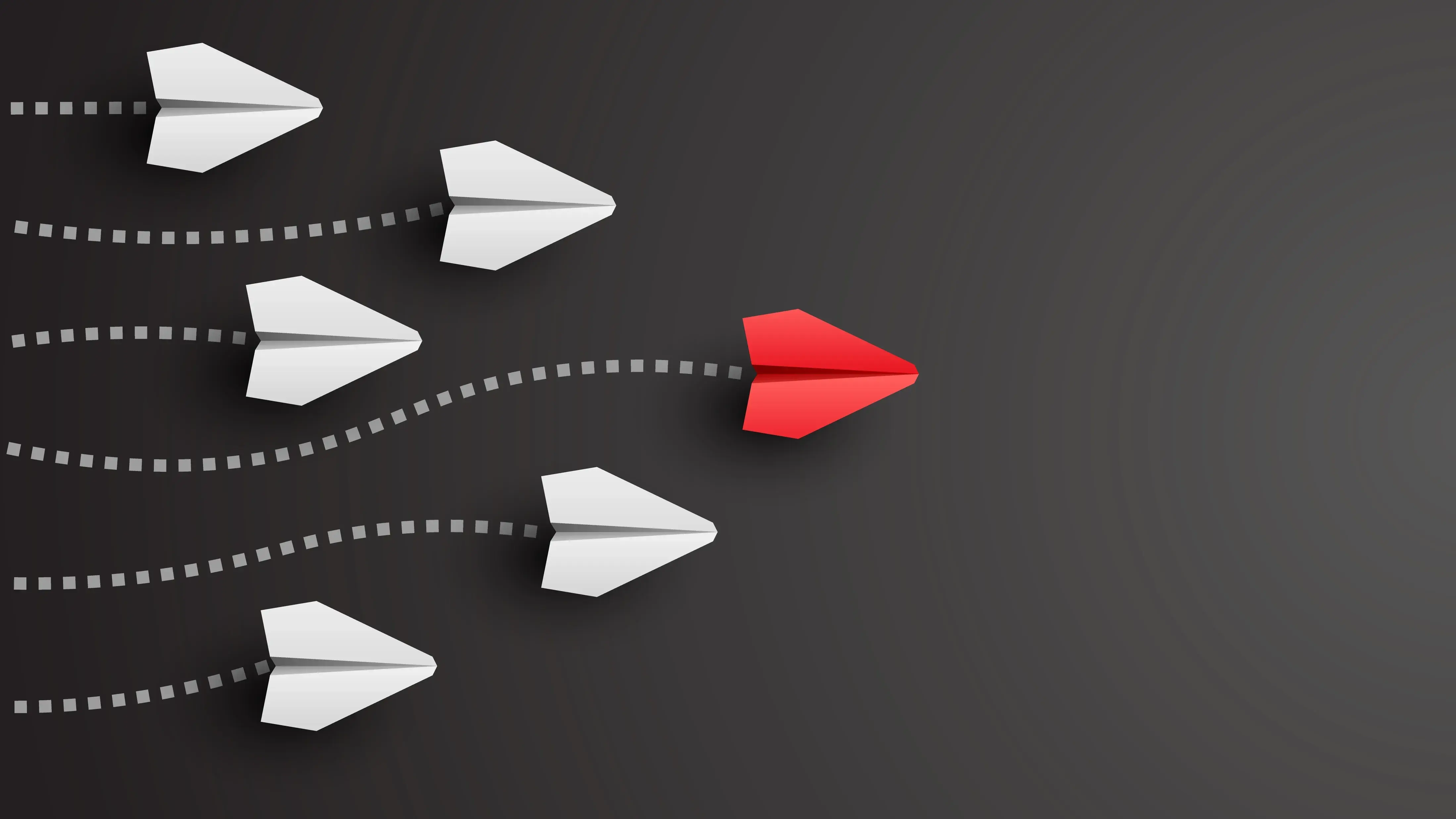 Individual red leader paper plane lead other. Business and leadership