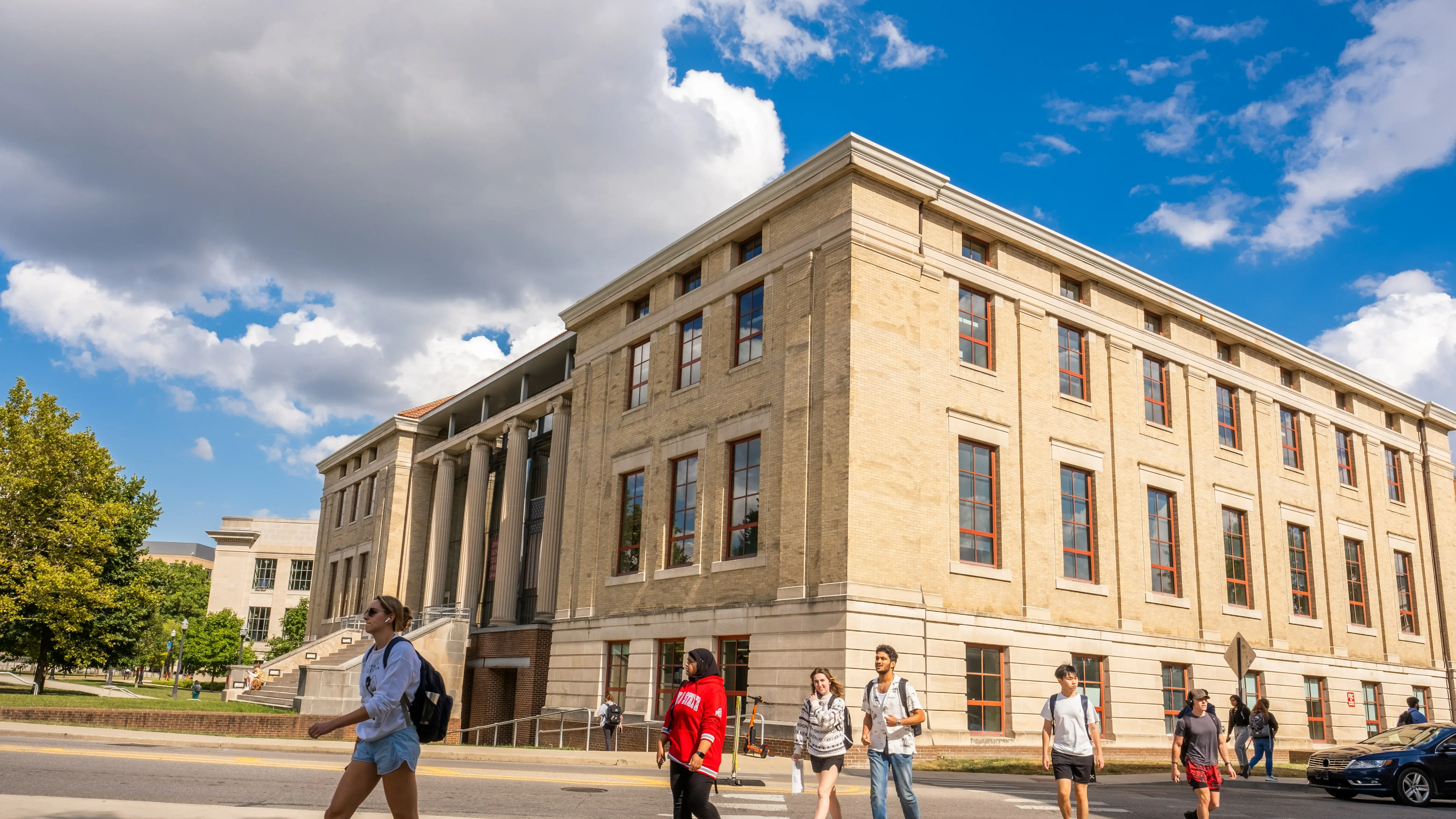 Campus buildings and spaces during a summer afternoon in the fall semester.Location: Page Hall and The John Glenn College of Public Affairs