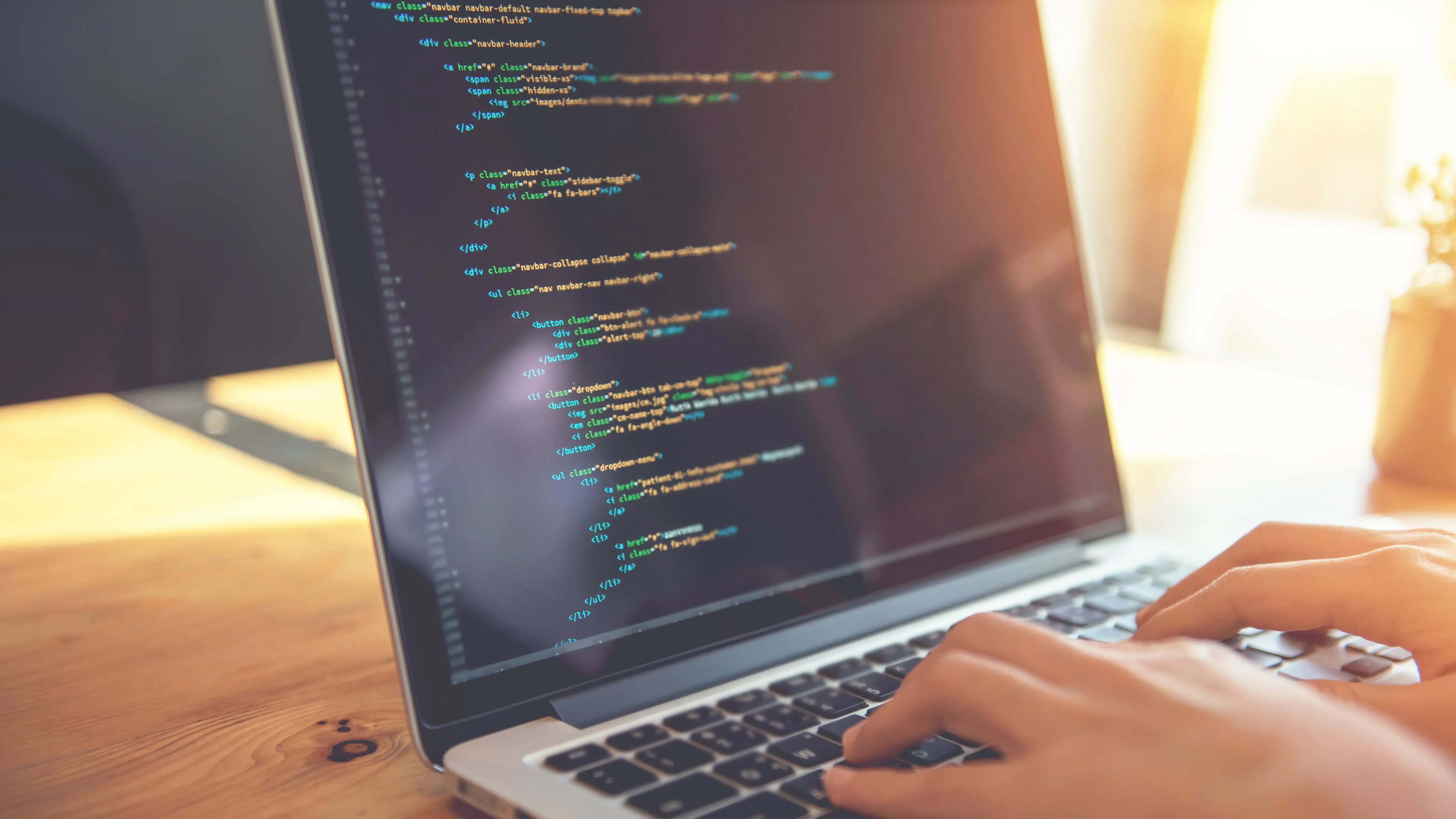 Closeup coding on screen, Woman hands coding html and programming on screen laptop, development web, developer.