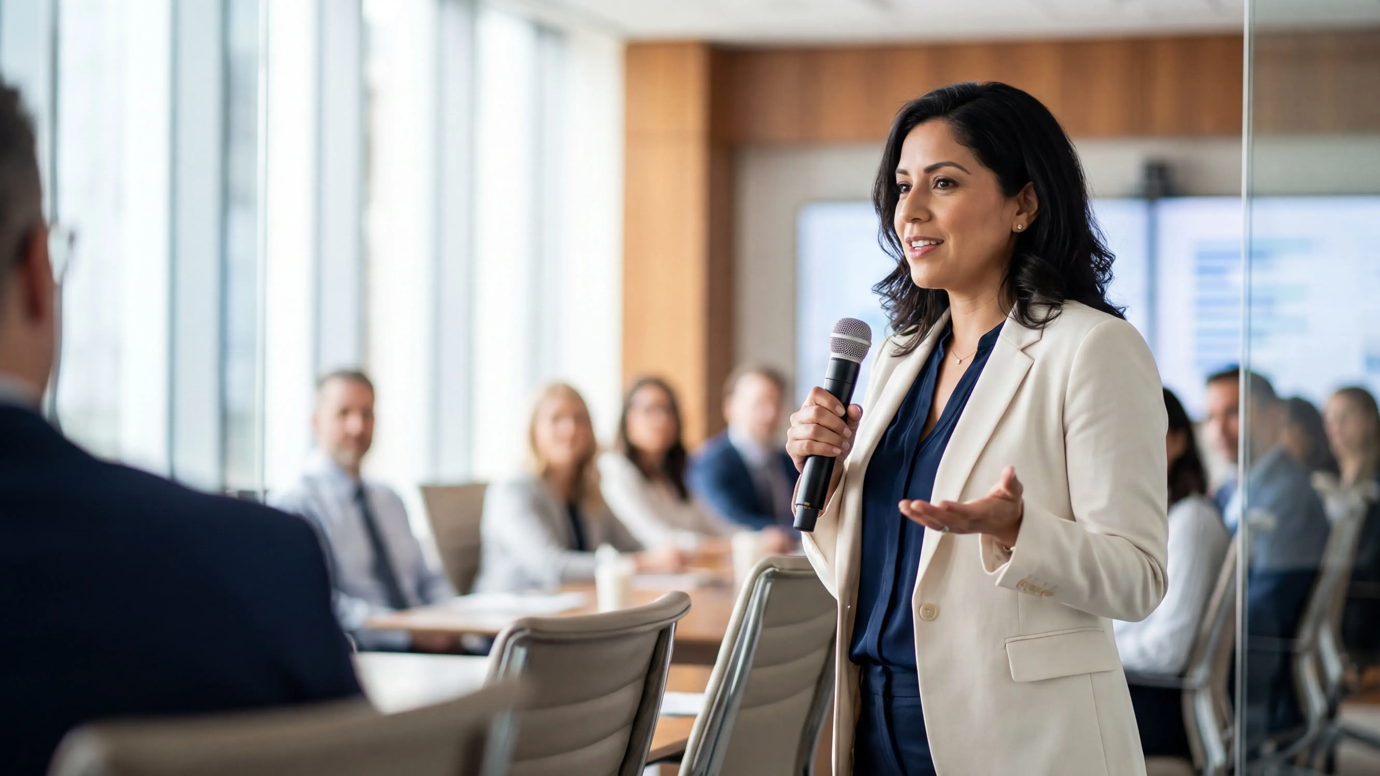 woman speaking to group of professionals